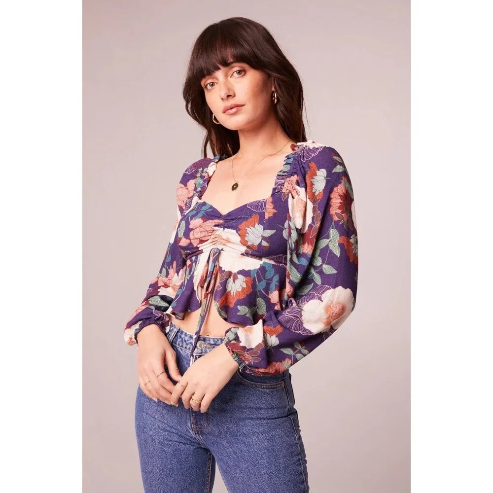 Band Of The Free Floriane LS Blouse Womens Medium Purple Ivory Boho Coquette NWT - Picture 5 of 16